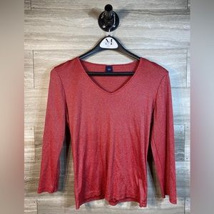Gap Womens M Red V-neck 3/4 Sleeve Top Stretch Light Weight w/ Silver Shimmer
